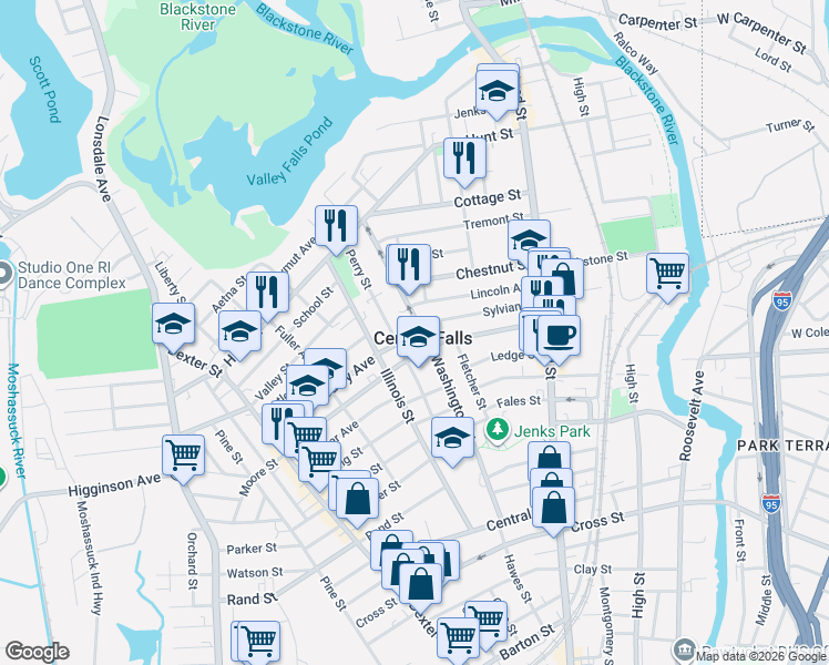 map of restaurants, bars, coffee shops, grocery stores, and more near in Central Falls