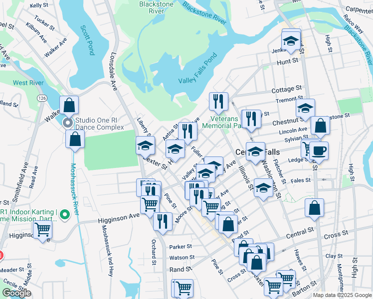 map of restaurants, bars, coffee shops, grocery stores, and more near 562 Hunt Street in Central Falls