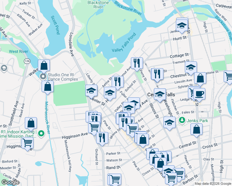 map of restaurants, bars, coffee shops, grocery stores, and more near 562 Hunt Street in Central Falls
