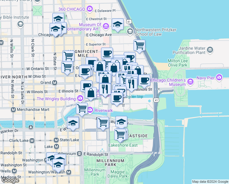 map of restaurants, bars, coffee shops, grocery stores, and more near 324 East Illinois Street in Chicago