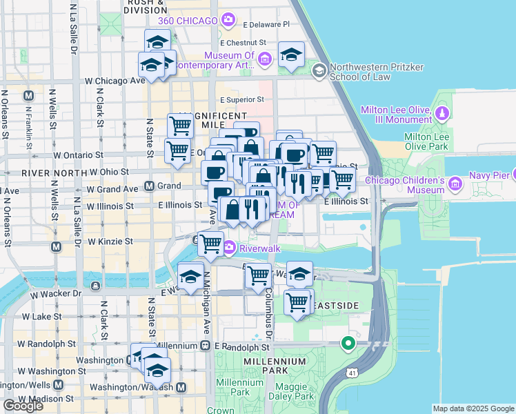 map of restaurants, bars, coffee shops, grocery stores, and more near 201 East Illinois Street in Chicago