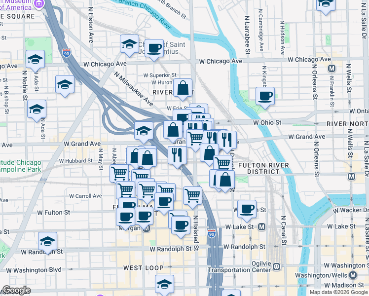 map of restaurants, bars, coffee shops, grocery stores, and more near 448 North Halsted Street in Chicago