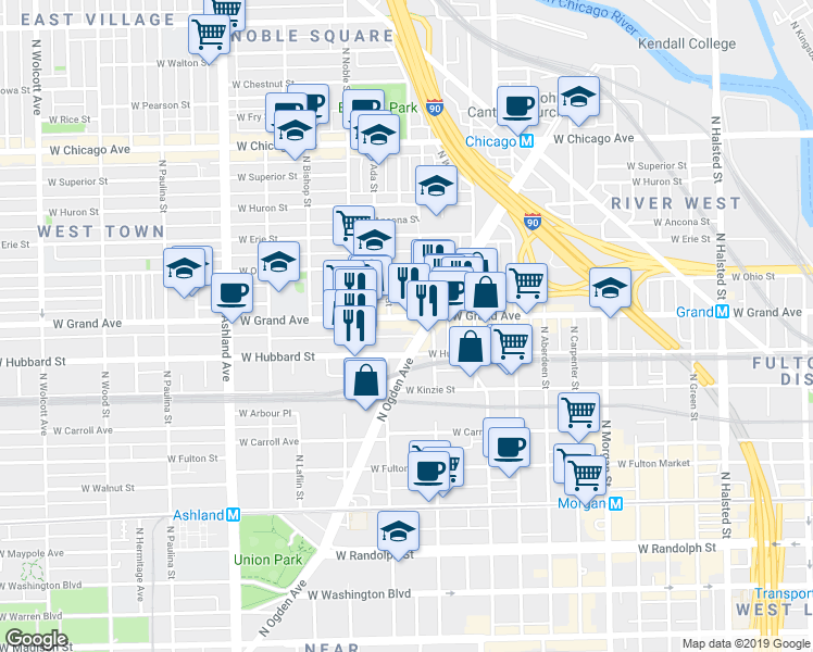 map of restaurants, bars, coffee shops, grocery stores, and more near 451 North Ogden Avenue in Chicago