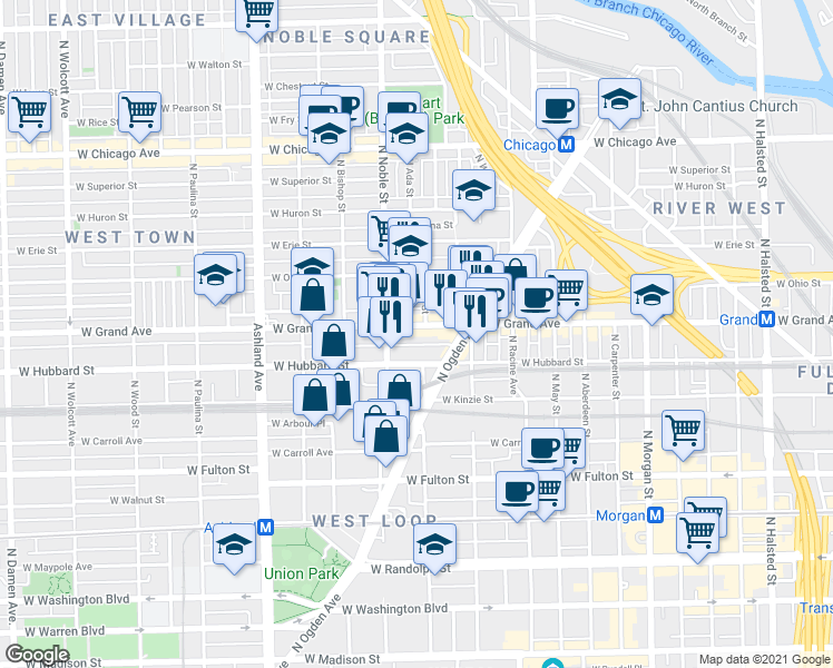 map of restaurants, bars, coffee shops, grocery stores, and more near 1371 West Grand Avenue in Chicago