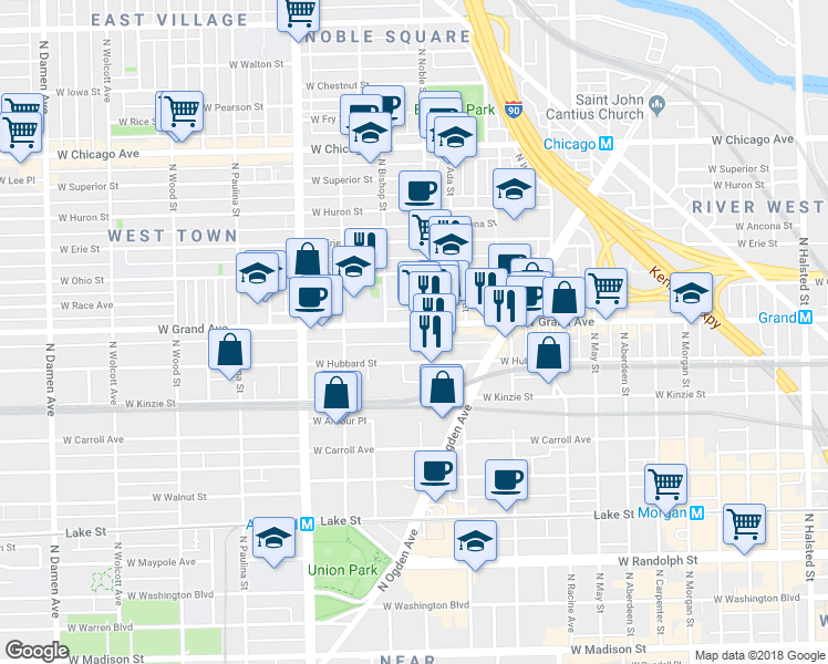 map of restaurants, bars, coffee shops, grocery stores, and more near 1410 West Ferdinand Street in Chicago