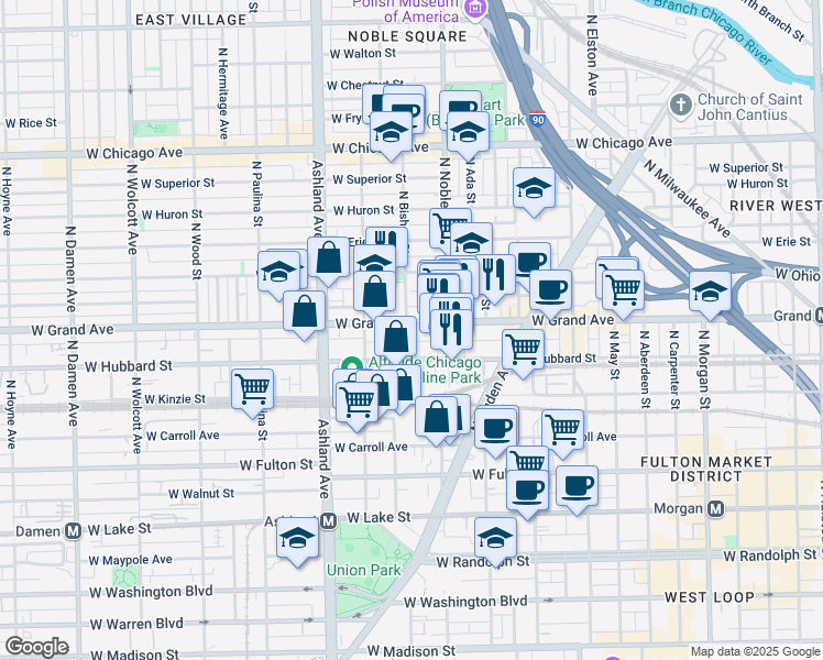 map of restaurants, bars, coffee shops, grocery stores, and more near 1410 West Ferdinand Street in Chicago