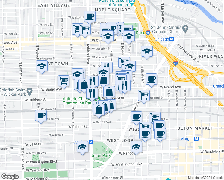 map of restaurants, bars, coffee shops, grocery stores, and more near 1453 North Noble Street in Chicago