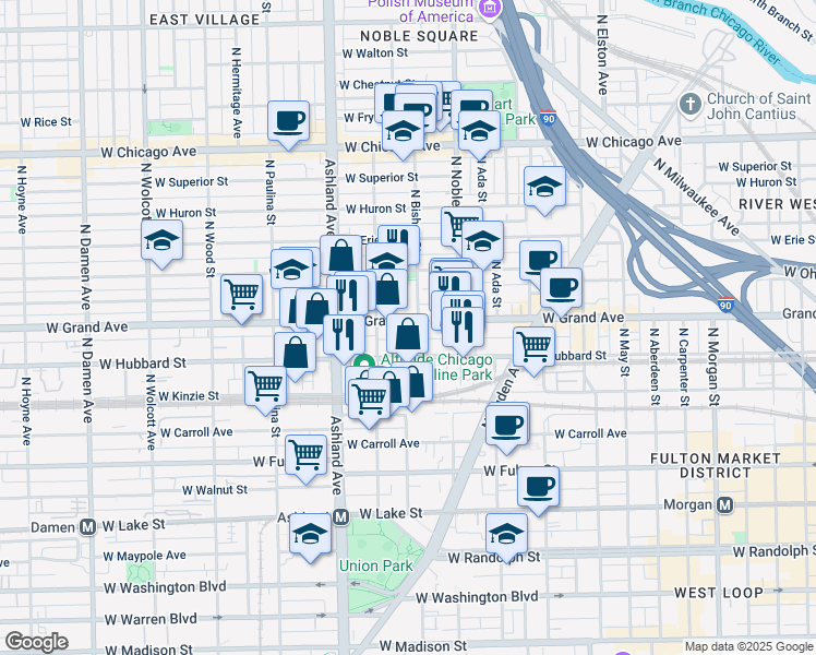 map of restaurants, bars, coffee shops, grocery stores, and more near 1453 North Noble Street in Chicago