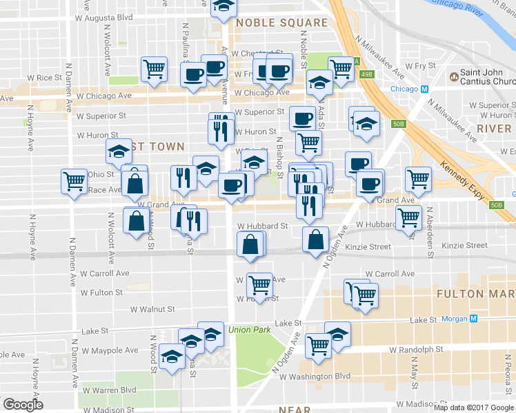 map of restaurants, bars, coffee shops, grocery stores, and more near 1509 West Grand Avenue in Chicago