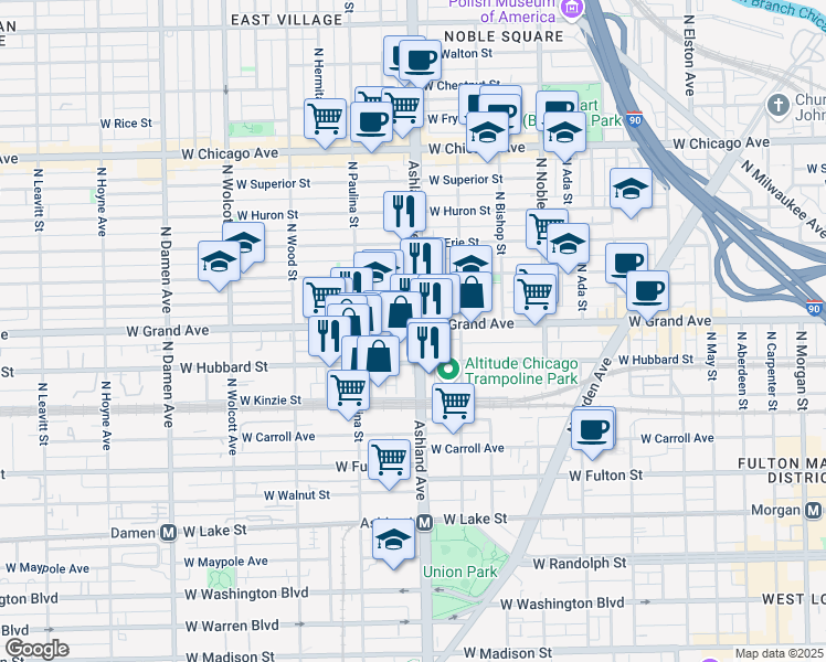 map of restaurants, bars, coffee shops, grocery stores, and more near 1607 West Grand Avenue in Chicago