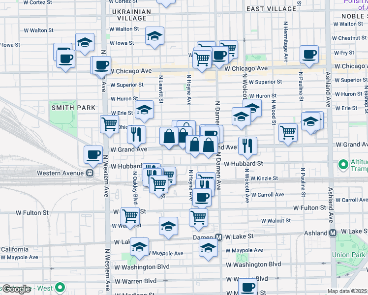 map of restaurants, bars, coffee shops, grocery stores, and more near 2101 West Grand Avenue in Chicago