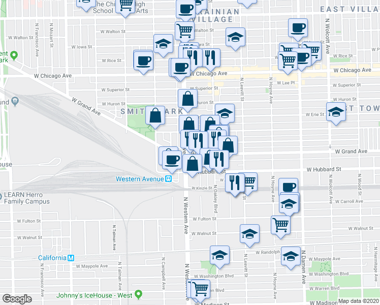 map of restaurants, bars, coffee shops, grocery stores, and more near in Chicago