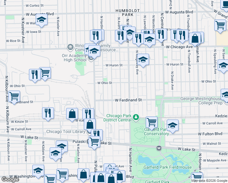 map of restaurants, bars, coffee shops, grocery stores, and more near 519 North Springfield Avenue in Chicago
