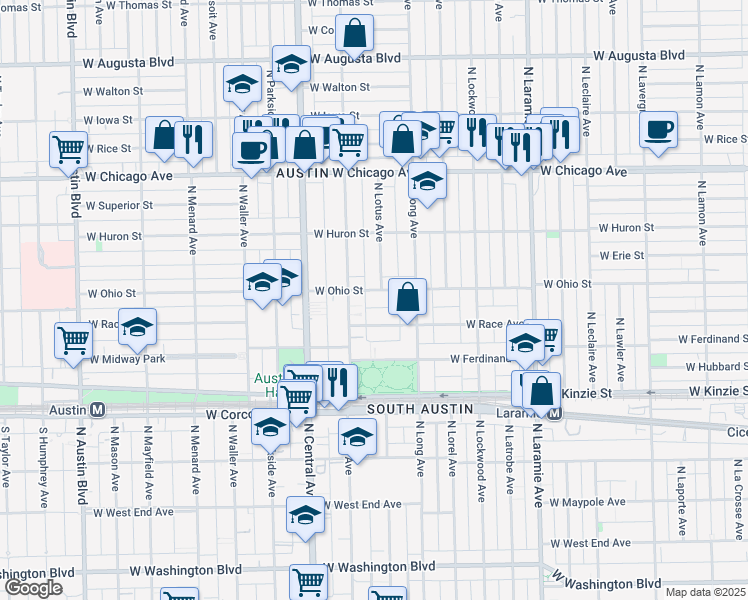 map of restaurants, bars, coffee shops, grocery stores, and more near 5440 West Race Avenue in Chicago