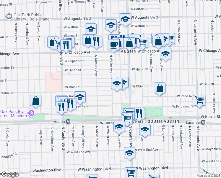 map of restaurants, bars, coffee shops, grocery stores, and more near 552 North Waller Avenue in Chicago