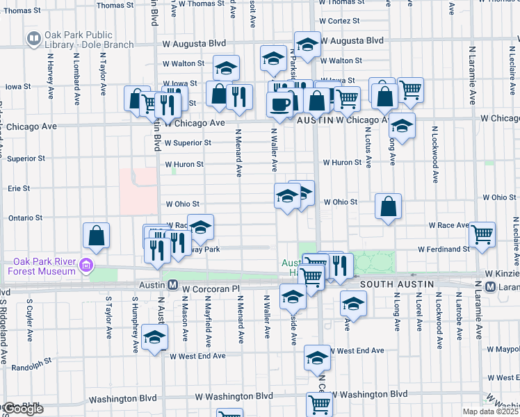 map of restaurants, bars, coffee shops, grocery stores, and more near 5736 West Race Avenue in Chicago