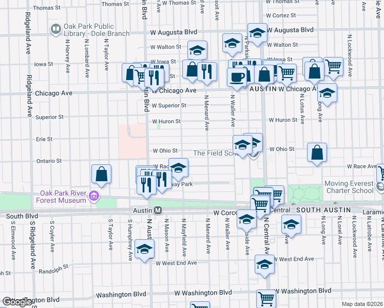 map of restaurants, bars, coffee shops, grocery stores, and more near 5824 West Race Avenue in Chicago