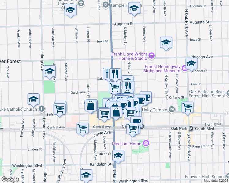 map of restaurants, bars, coffee shops, grocery stores, and more near 544 North Harlem Avenue in River Forest
