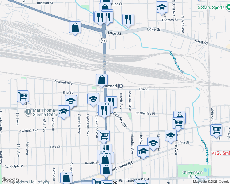 map of restaurants, bars, coffee shops, grocery stores, and more near 109 Frederick Avenue in Bellwood