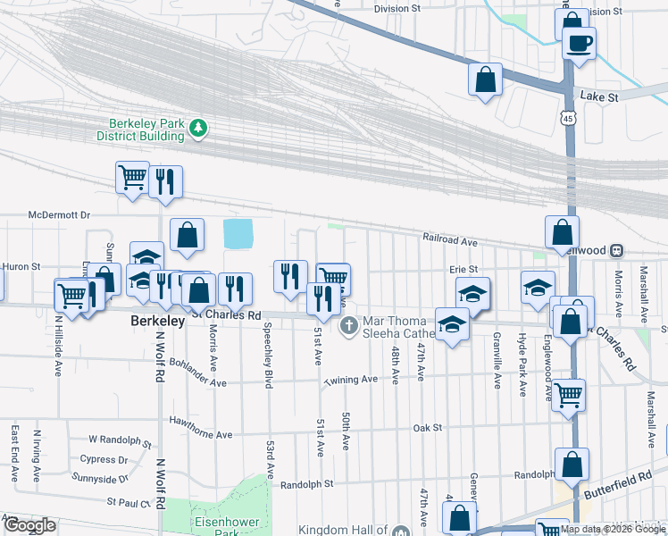 map of restaurants, bars, coffee shops, grocery stores, and more near 63 51st Avenue in Bellwood