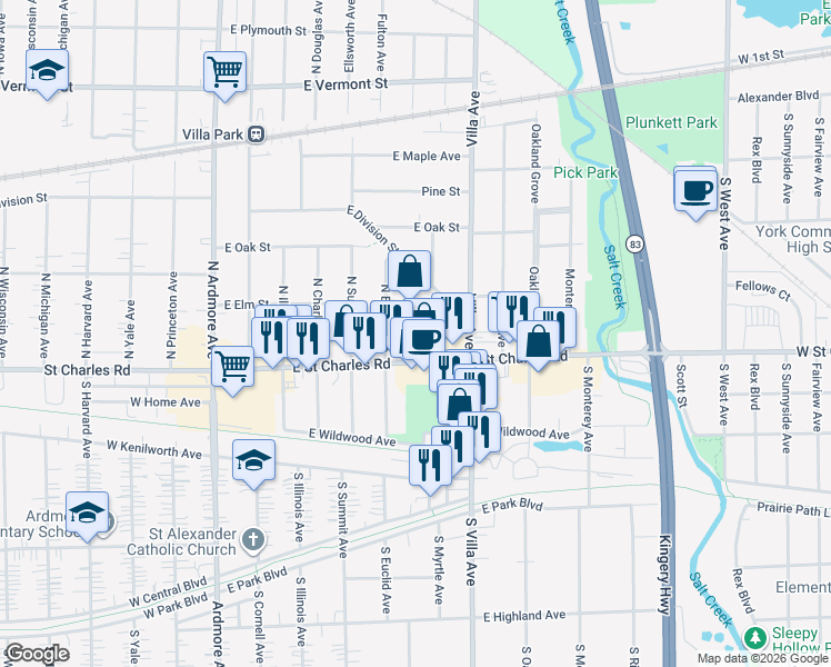 map of restaurants, bars, coffee shops, grocery stores, and more near 15 North Euclid Avenue in Villa Park