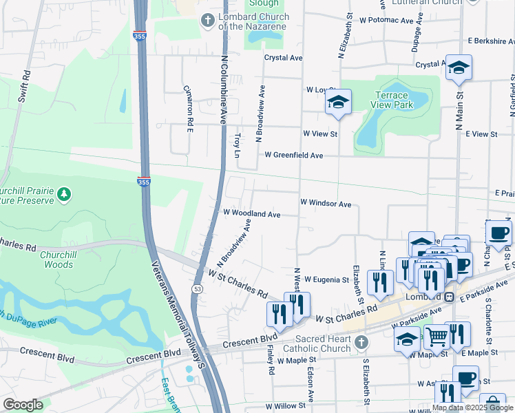 map of restaurants, bars, coffee shops, grocery stores, and more near 448 West Woodland Avenue in Lombard