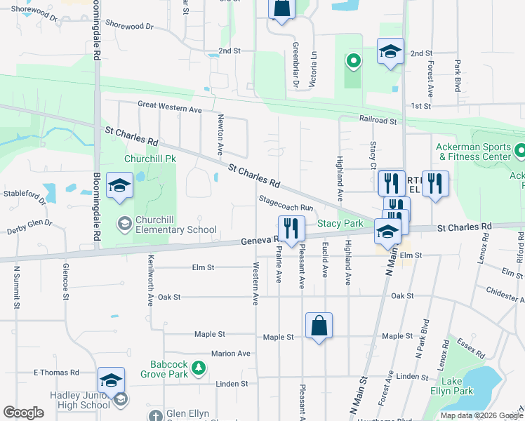 map of restaurants, bars, coffee shops, grocery stores, and more near 849 Western Avenue in Glen Ellyn