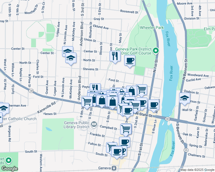 map of restaurants, bars, coffee shops, grocery stores, and more near 517 Peyton Street in Geneva