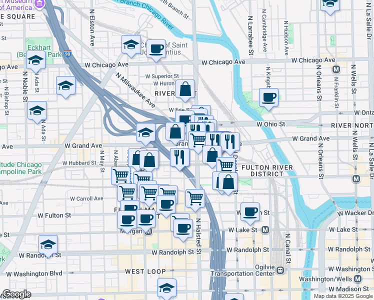 map of restaurants, bars, coffee shops, grocery stores, and more near 448 North Halsted Street in Chicago