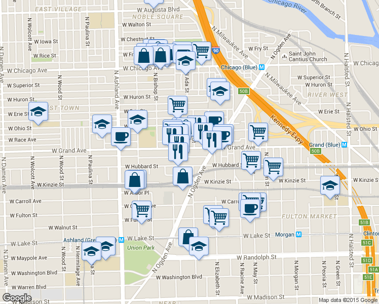 map of restaurants, bars, coffee shops, grocery stores, and more near in Chicago