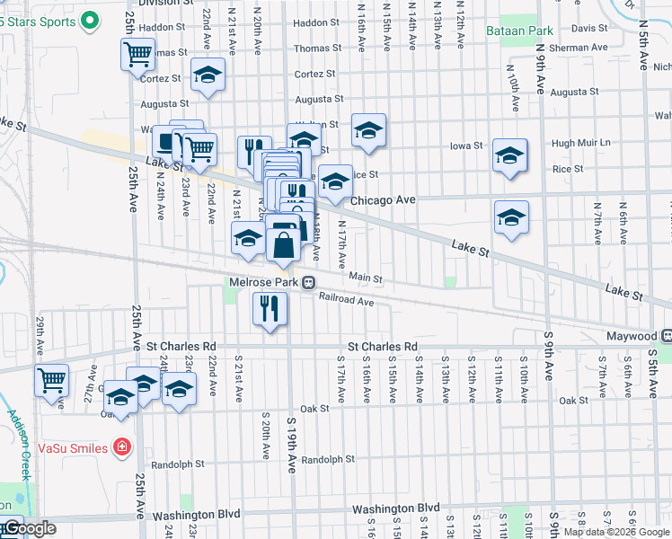 map of restaurants, bars, coffee shops, grocery stores, and more near 1708 Main Street in Melrose Park