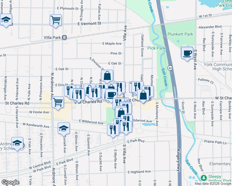 map of restaurants, bars, coffee shops, grocery stores, and more near 334 East Saint Charles Road in Villa Park
