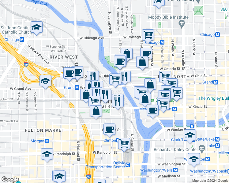 map of restaurants, bars, coffee shops, grocery stores, and more near 486 North Clinton Street in Chicago
