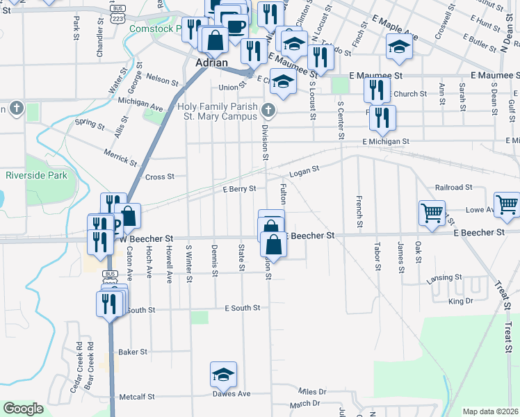 map of restaurants, bars, coffee shops, grocery stores, and more near 640 Division Street in Adrian
