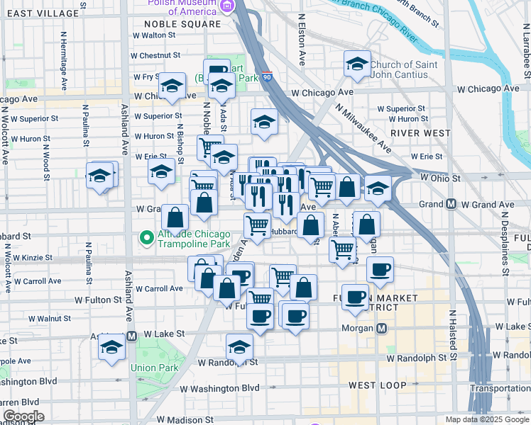map of restaurants, bars, coffee shops, grocery stores, and more near 1235 West Grand Avenue in Chicago