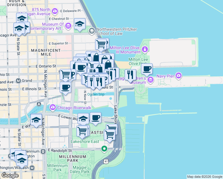 map of restaurants, bars, coffee shops, grocery stores, and more near 474 North Lake Shore Drive in Chicago