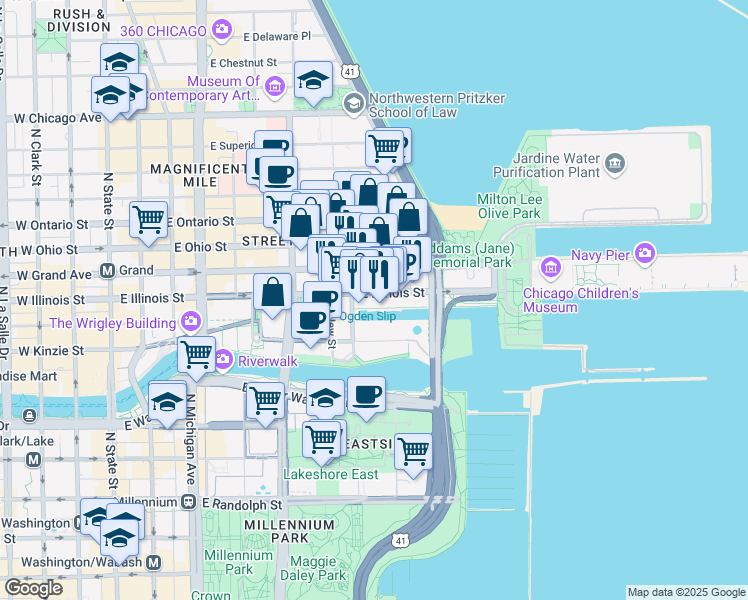 map of restaurants, bars, coffee shops, grocery stores, and more near 465 North McClurg Court in Chicago