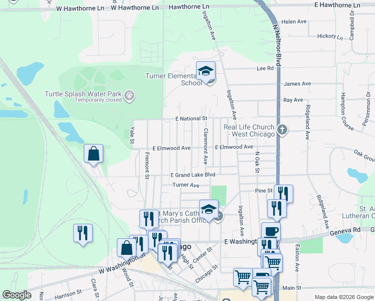 map of restaurants, bars, coffee shops, grocery stores, and more near 437 Highland Avenue in West Chicago