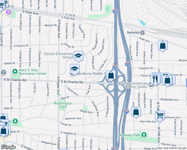 map of restaurants, bars, coffee shops, grocery stores, and more near 585 East Park Avenue in Elmhurst