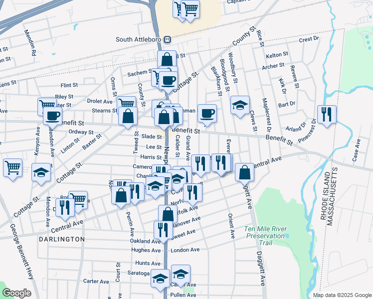 map of restaurants, bars, coffee shops, grocery stores, and more near 408 Grand Avenue in Pawtucket