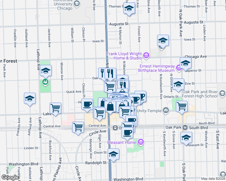 map of restaurants, bars, coffee shops, grocery stores, and more near 1131 Ontario Street in Oak Park