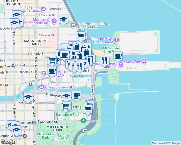 map of restaurants, bars, coffee shops, grocery stores, and more near 474 North Lake Shore Drive in Chicago