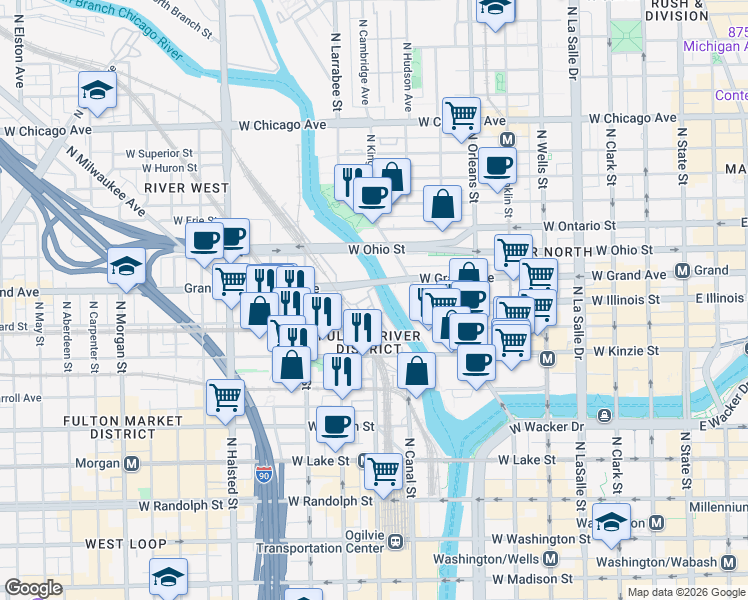 map of restaurants, bars, coffee shops, grocery stores, and more near 486 North Clinton Street in Chicago