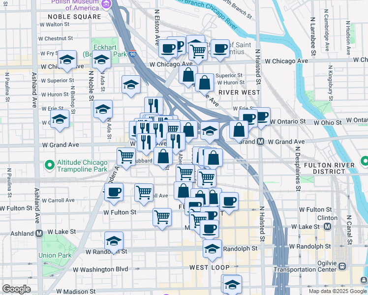 map of restaurants, bars, coffee shops, grocery stores, and more near 448 North Carpenter Street in Chicago