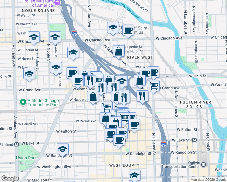 map of restaurants, bars, coffee shops, grocery stores, and more near 456 North Morgan Street in Chicago
