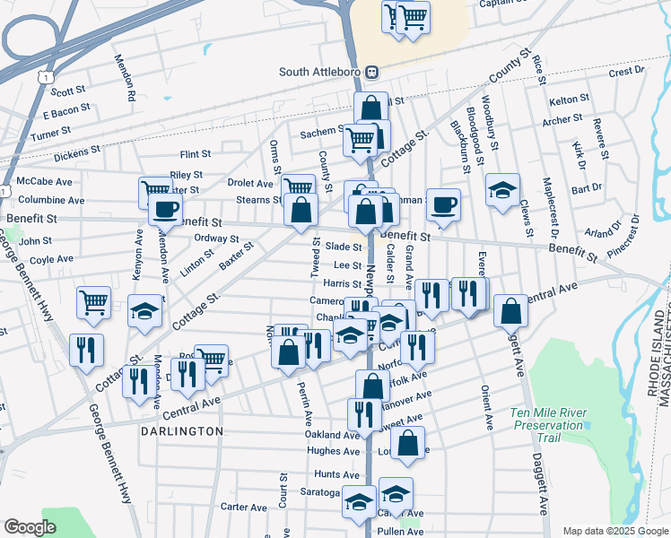 map of restaurants, bars, coffee shops, grocery stores, and more near 126 Harris Street in Pawtucket