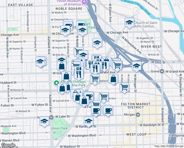 map of restaurants, bars, coffee shops, grocery stores, and more near 451 North Ogden Avenue in Chicago