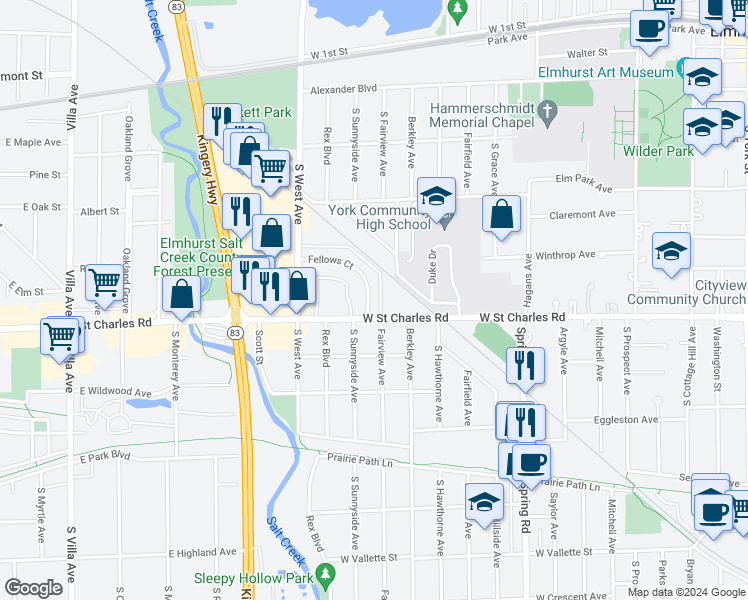 map of restaurants, bars, coffee shops, grocery stores, and more near 111 Fellows Court in Elmhurst