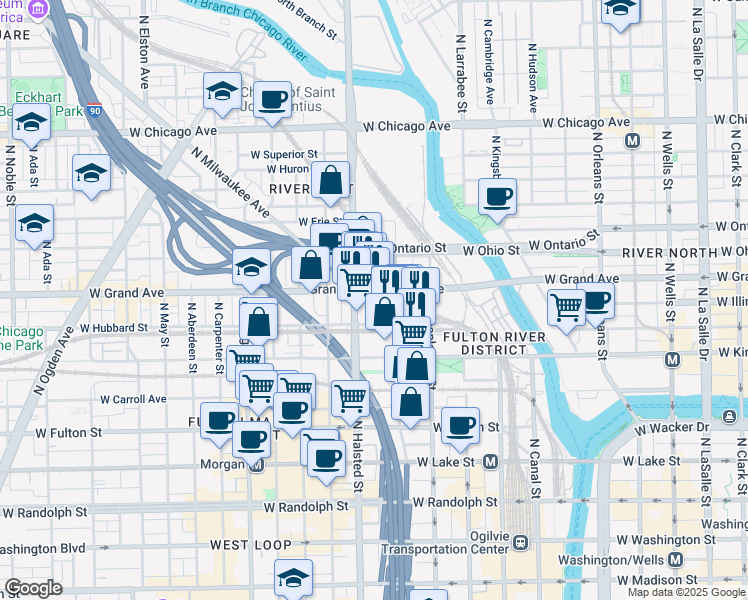 map of restaurants, bars, coffee shops, grocery stores, and more near 470 North Milwaukee Avenue in Chicago