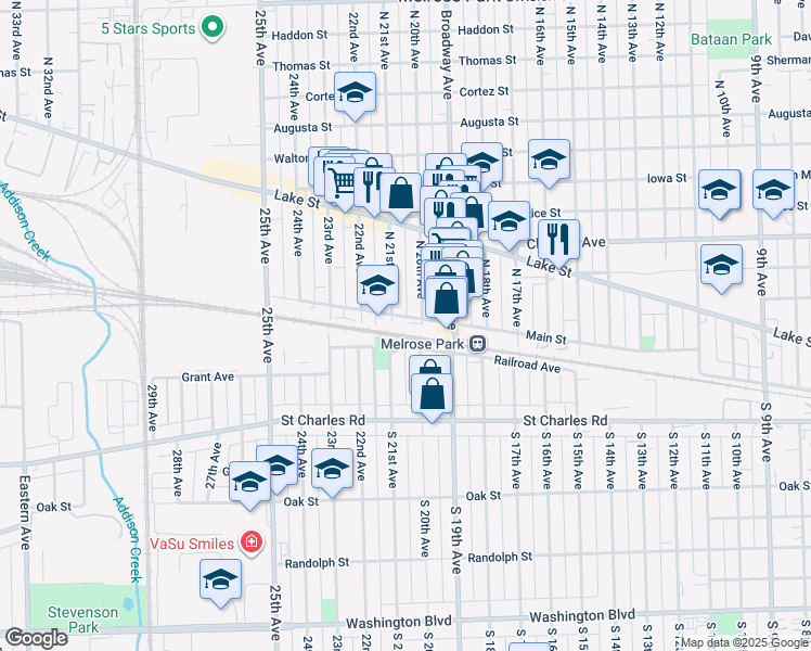 map of restaurants, bars, coffee shops, grocery stores, and more near 2100 Main Street in Melrose Park